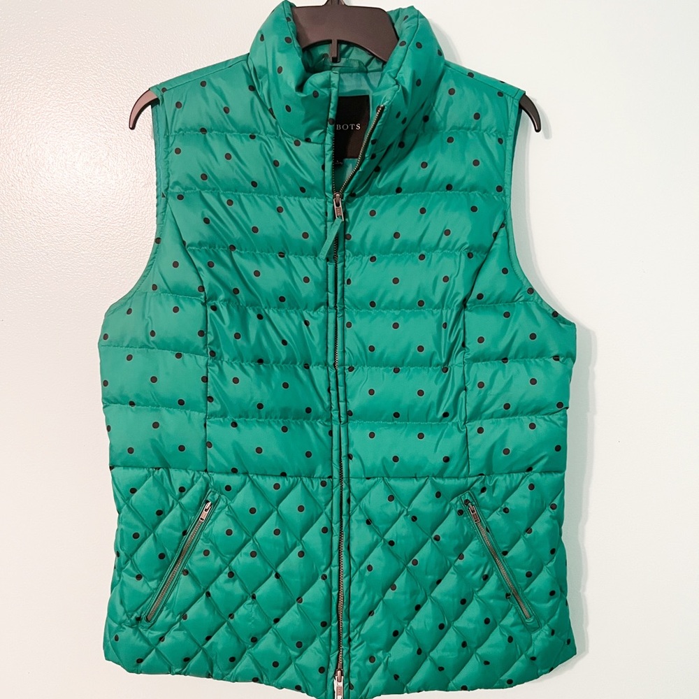 Talbots Sz L Greeen Black Down Filled Polka Dot Puffer Vest